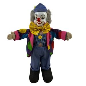 Vintage Clown Doll Porcelain Face Fabric Body Colorful Polka Dot Outfit Bow Tie
